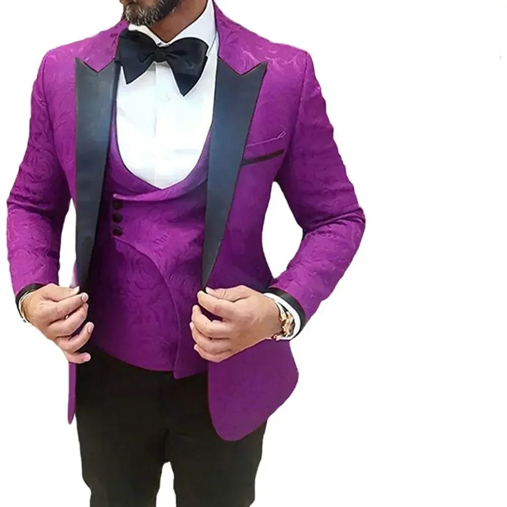 Fashion Purple Jacquard Men Suit Wedding Groom Tuxedo Prom Slim Fit Blazer Hombre High Quality Custom 3 Piece Set Costume Homme
