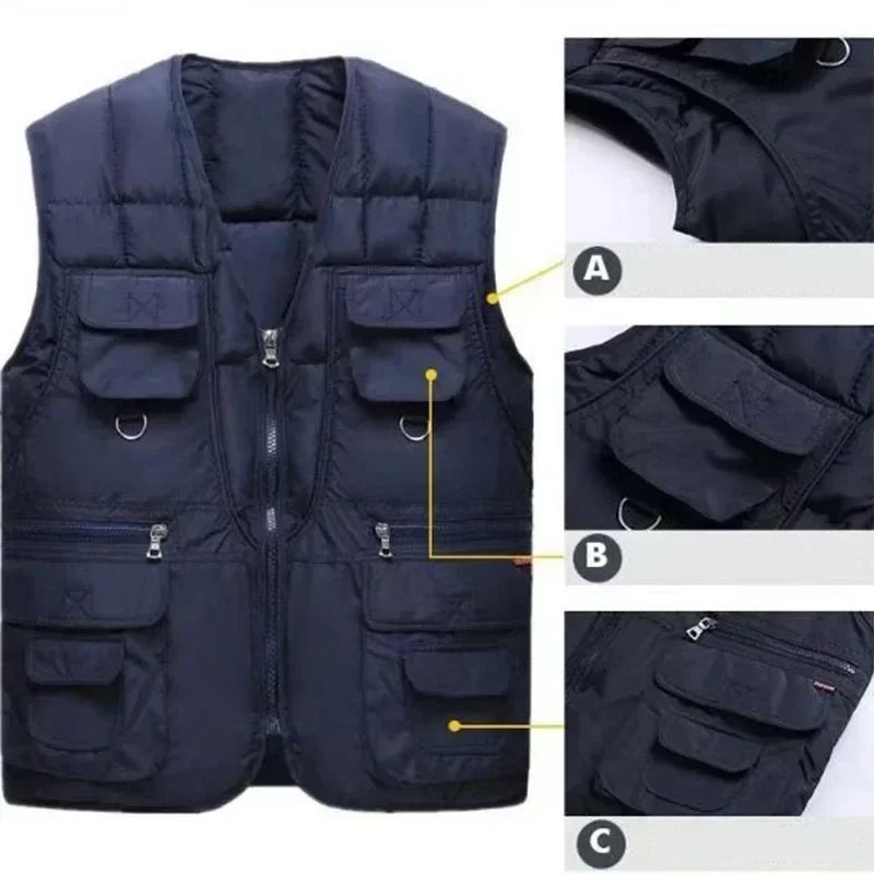 Jaqueta Colete Masculino de Inverno Grosso Quente com Vários Bolsos, Colete de Pesca de Caça, Colete Tático Masculino ao Ar Livre, Casacos Quentes Sem Mangas com Zíper