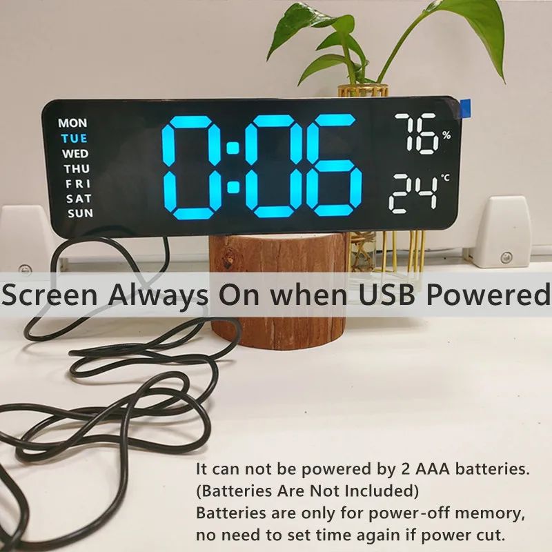 LED Electronic Alarm Clock 9-inch Wall Clock USB Powered Temperature and Humidity Display Auto-dimming Desktop Clock