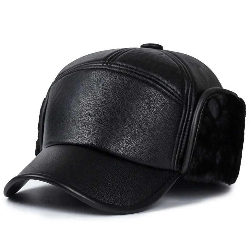 Winter Warm Hat Men Black Leather Fur Baseball Cap Men Snapback Women Casquette Bones Dad Caps Gorras Earflaps Thicken Hat