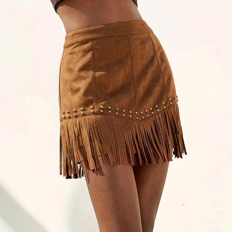 2025 European and American Style Elegant Vacation Style Women's Clothing Suede Fringed Rivet Design Short Skirt Suede