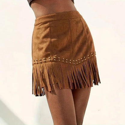 2025 European and American Style Elegant Vacation Style Women's Clothing Suede Fringed Rivet Design Short Skirt Suede