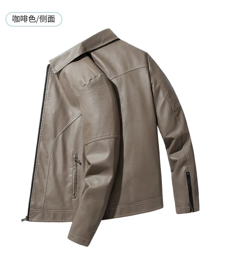 Men Coat Zipper Solid Jackets Long Sleeve Cardigan Leather Outerwear Loose Pockets High Street 2025 Spliced Faux Leather