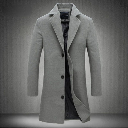 2025 Autumn Winter New Wool Men Long Cotton Coat Blend Pure Color Casual Business Fashion Slim Windbreaker Jacket Men Clothing