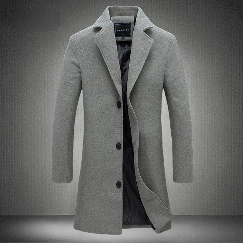 2025 Outono Inverno Novo Lã Masculino Longo Casaco de Algodão Mistura Cor Pura Casual Negócios Moda Slim Jaqueta Corta-Vento Masculina Roupa