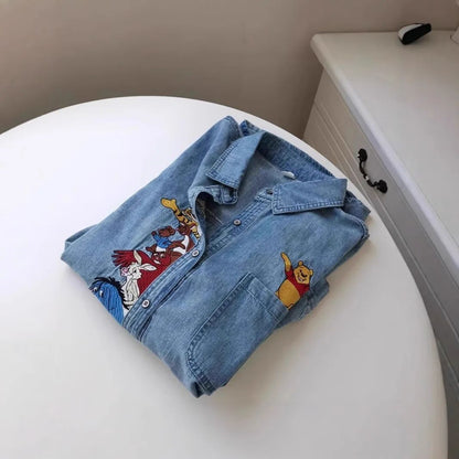 Plus Size 300 Pounds Fat MM Cartoon Embroidery Washed Denim Polo Collar Loose Meat Covering Women's Shirt Autumn Outerwear