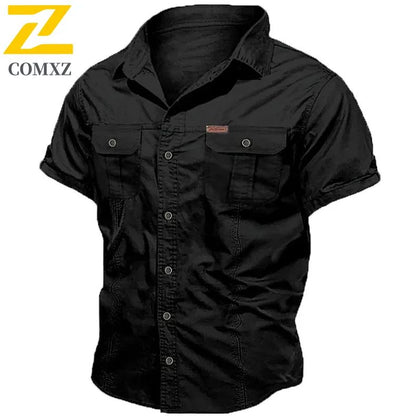 New Men's Work Shirt Casual Retro 100% Cotton Short Sleeve Flying Cargo Shirt Men's Summer Fishing Hunting Multi Pocket Shirt