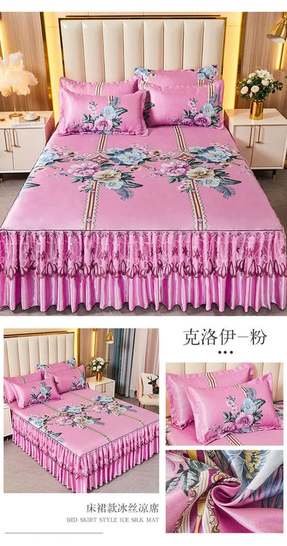 Kit 3 Peças de Lençol de Casal com Renda Clássica Azul Royal, Saia para Cama, Colcha de Casamento Lavável à Máquina, Capa de Colchão