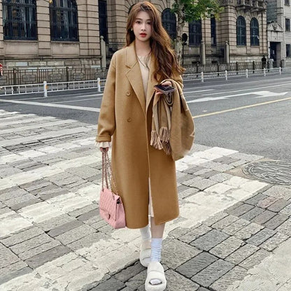 2024 New Winter Lady Lazy Style Baggy Mid-Long Thermal Woolen Coat Female Korean Version Concise Designer Versatile Coat Jackets