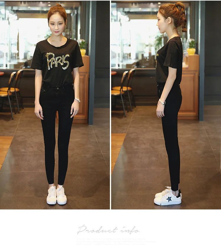 Plus Size High Waist Black Jeans Women's Spring Autumn Fashion Slim Fit Nine Point Cotton Denim Pants with Button Decoration