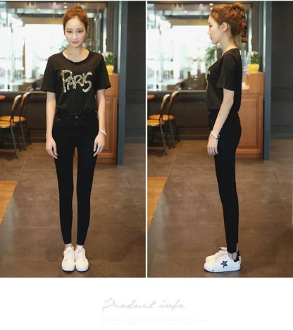 Plus Size High Waist Black Jeans Women's Spring Autumn Fashion Slim Fit Nine Point Cotton Denim Pants with Button Decoration