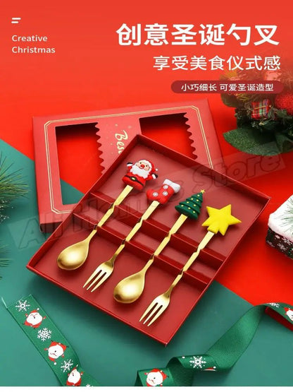 Christmas Cutlery Set Elk Dessert Scoop Fruit Fork Coffee Spoon Stainless Steel Dessert Fork 4/6PCS Christmas Spoons Fork Set