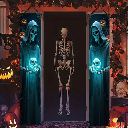 Party Banner,, Halloween Party Decorative Couplets, 2D Hanging Banners with Skeleton Design in Black Robes and Hooded Figures
