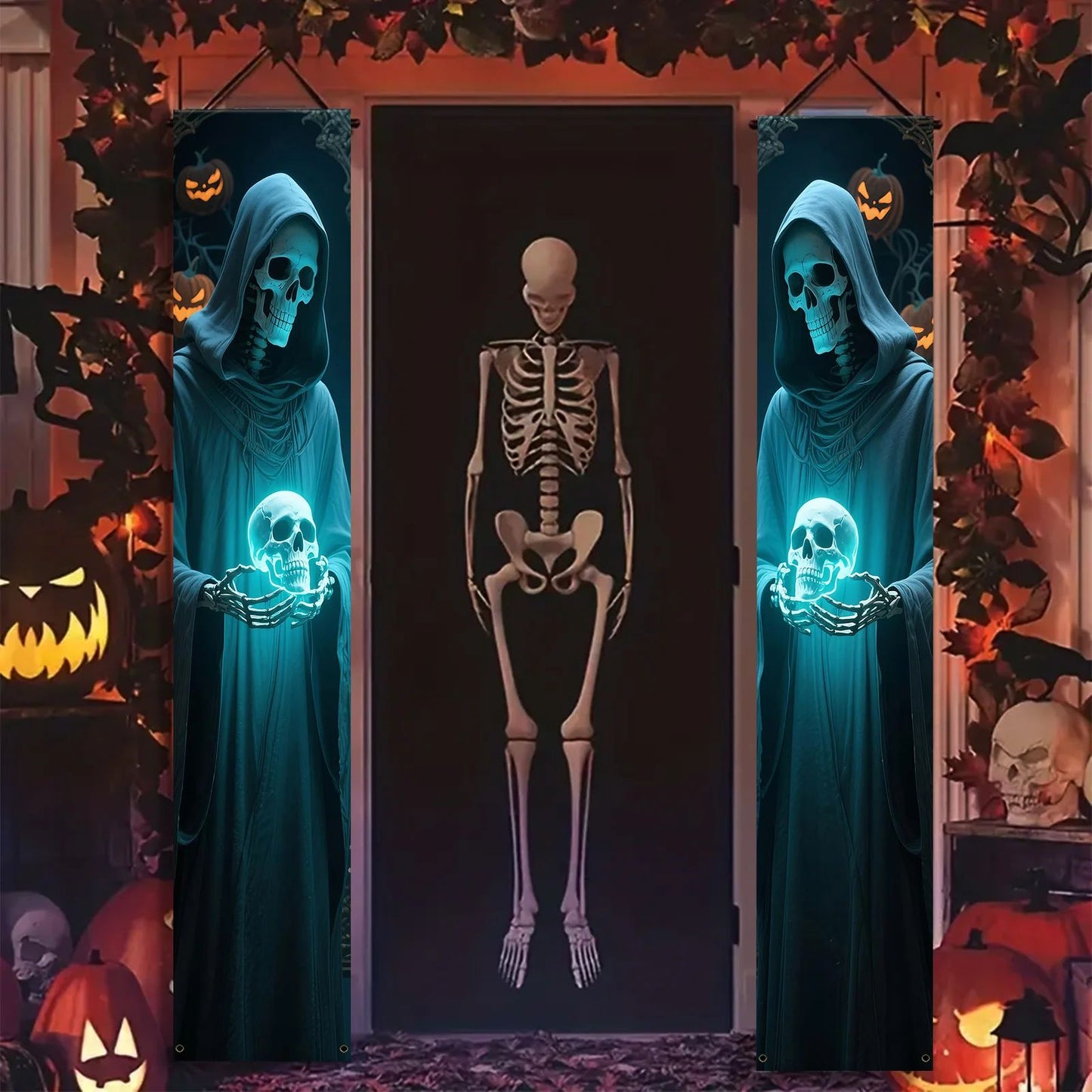 Party Banner,, Halloween Party Decorative Couplets, 2D Hanging Banners with Skeleton Design in Black Robes and Hooded Figures