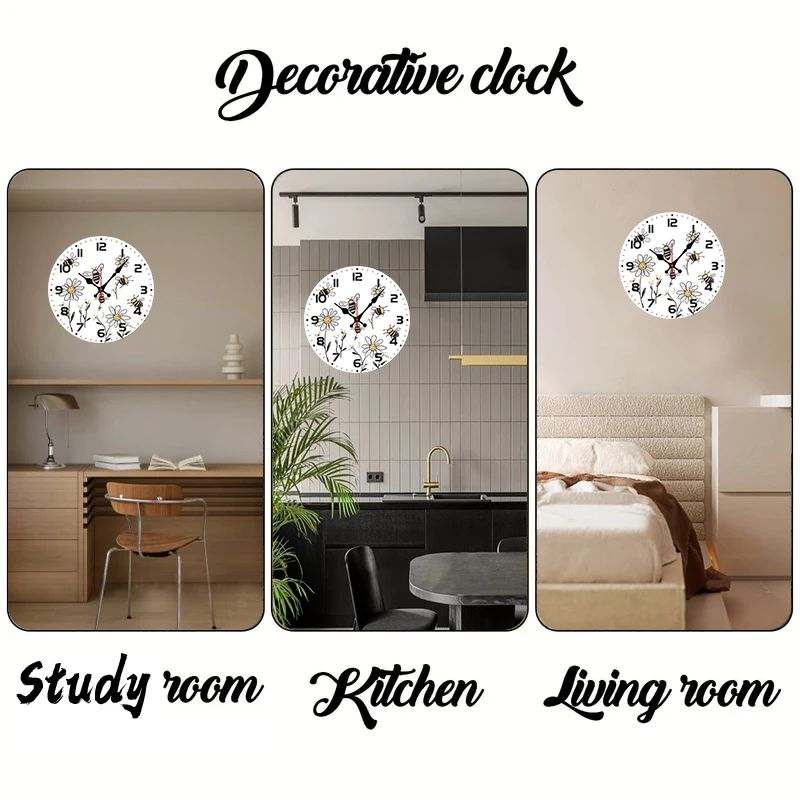Bee And Daisy Wooden Round Silent Hanging Wall Clock, Suitable For Living Room, Office, Study Room, Bedroom, Home Decoration