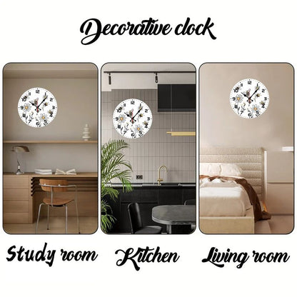 Bee And Daisy Wooden Round Silent Hanging Wall Clock, Suitable For Living Room, Office, Study Room, Bedroom, Home Decoration
