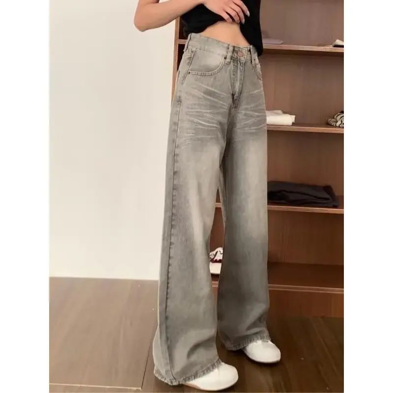 High Waist Wide Leg Jeans Women's Vintage Spring Autumn Slimming Straight Floor-Length Pants American Style Loose Fit