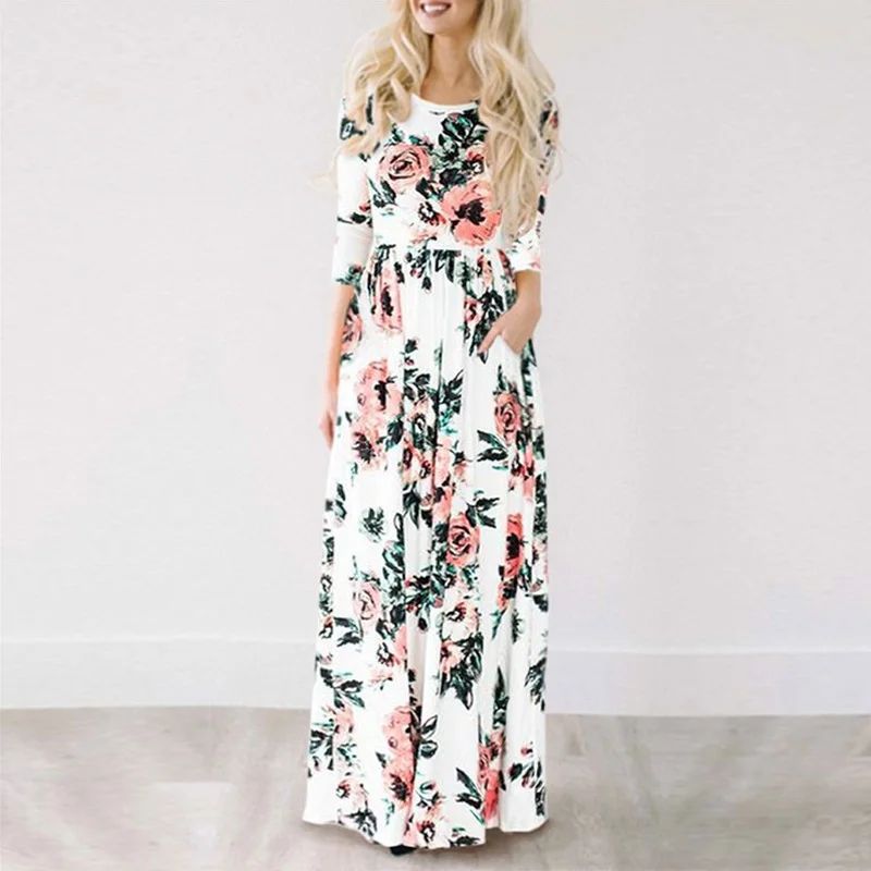 Women Summer Floral Print Maxi  2025 Loose White Boho Beach Dress Women Vintage