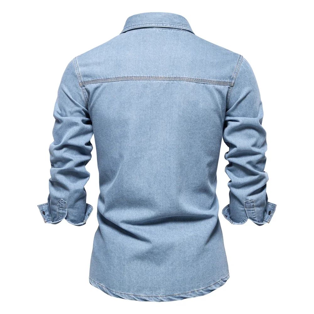 New Autumn 100% Cotton Men's Denim Shirts Solid Color Long Sleeve Cowboy Jean T-Shirt Coat Fashion Casual Fit Shirts for Men