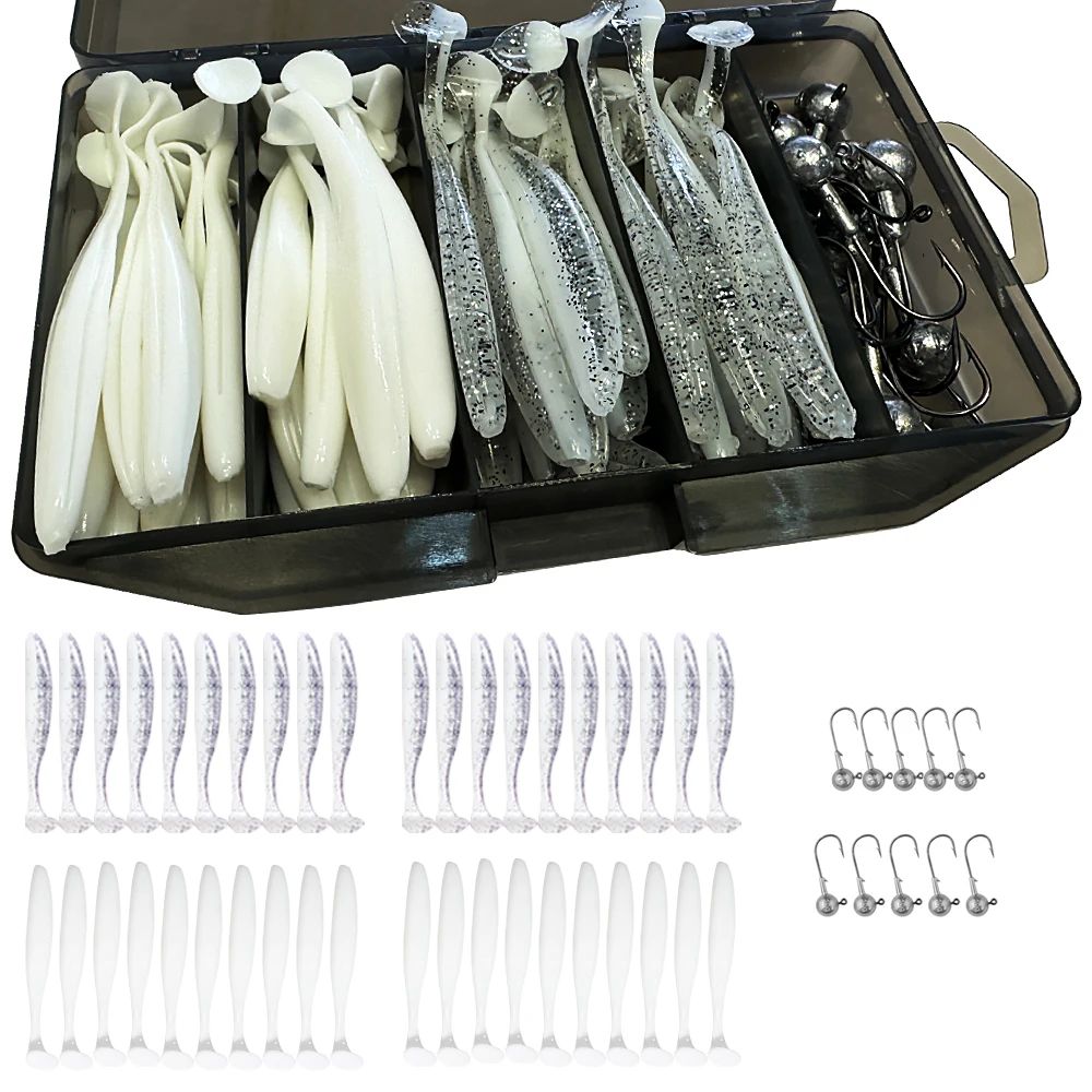 50 unidades/Caixa Isca Artificial Jig de Metal 5.5cm 7cm 10cm Isca Macia 3g 5g 7g 10g 14g Anzol Jigging Head Caixa de Pesca Pesca Swimbait Kit Isca de Fundo