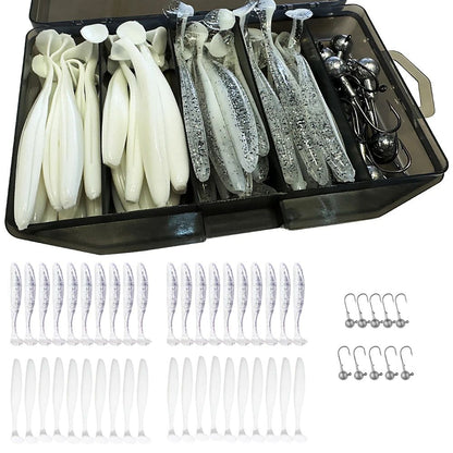 50 unidades/Caixa Isca Artificial Jig de Metal 5.5cm 7cm 10cm Isca Macia 3g 5g 7g 10g 14g Anzol Jigging Head Caixa de Pesca Pesca Swimbait Kit Isca de Fundo