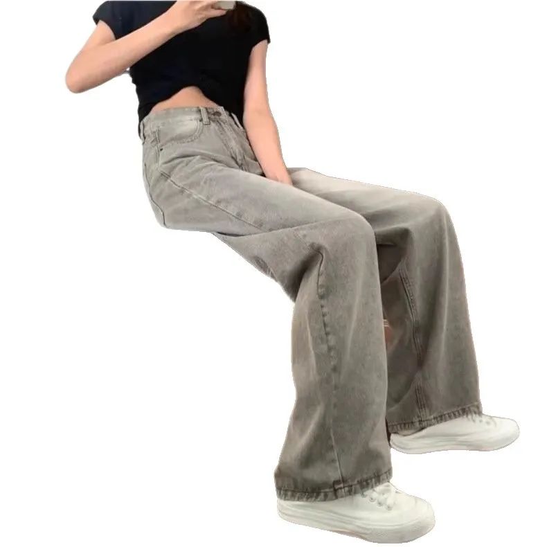 High Waist Wide Leg Jeans Women's Vintage Spring Autumn Slimming Straight Floor-Length Pants American Style Loose Fit