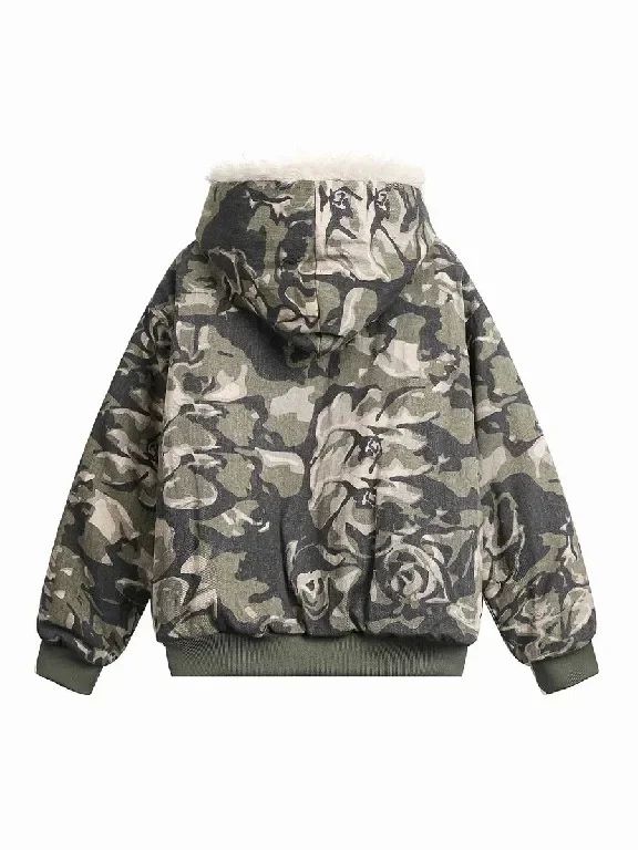 Vintage Camouflage Leaf Plush Warm Coats Zipper Hoodie Cotton Jacket Camouflage Leaf Pattern Oversized Hoodie Sweatshirt Clothes