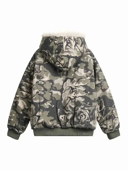 Vintage Camouflage Leaf Plush Warm Coats Zipper Hoodie Cotton Jacket Camouflage Leaf Pattern Oversized Hoodie Sweatshirt Clothes