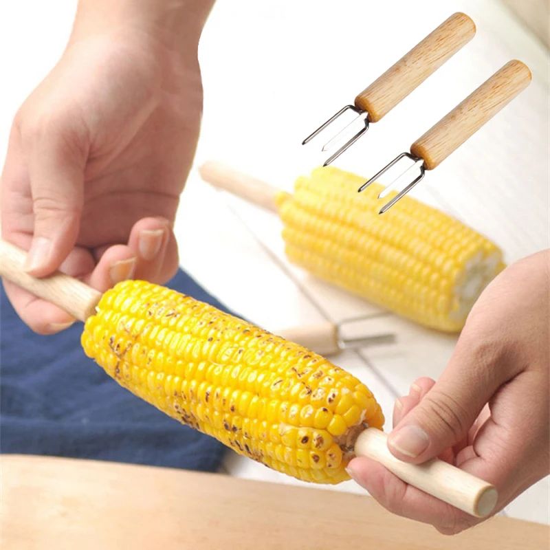 2/4/8Pcs Stainless Steel Corn Holders with Wooden Handle Corn on The Cob Skewers Fruit Anti-scald Forks Outdoor Cooking BBQ Tool