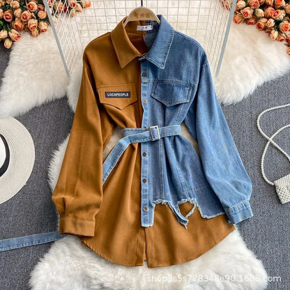 Slimming Denim Patchwork Lapel Dress Autumn Waist-fitted Medium-length Shirt
