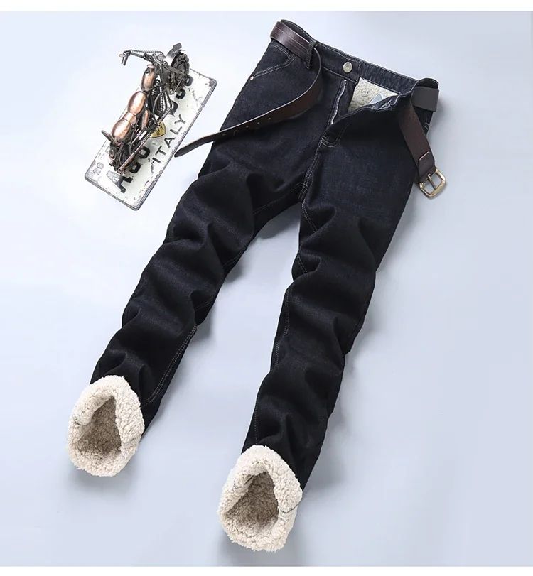 Calça Jeans Masculina de Inverno Forrada de Lã Grossa Sherpa Casual de Negócios Veludo Reta Masculina de Lã Pelúcia Clássica Elástica