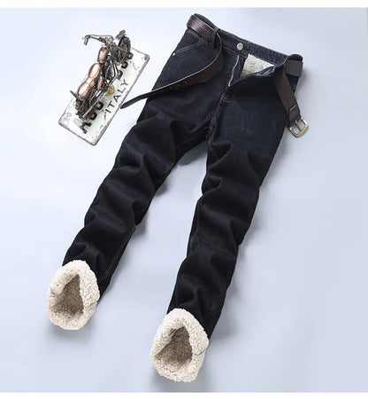 Calça Jeans Masculina de Inverno Forrada de Lã Grossa Sherpa Casual de Negócios Veludo Reta Masculina de Lã Pelúcia Clássica Elástica