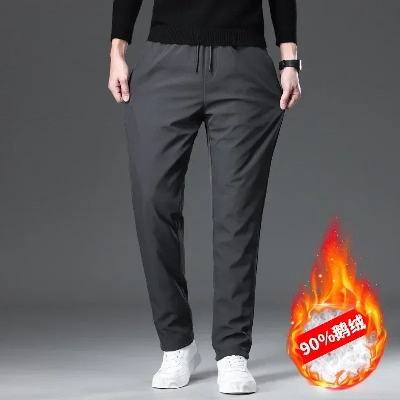 Calça Masculina de Inverno de Pena de Ganso Cintura Elástica Roupa Externa Calça de Pena Casual À Prova de Frio Nova Calça Reta Quente e Engrossada de Inverno