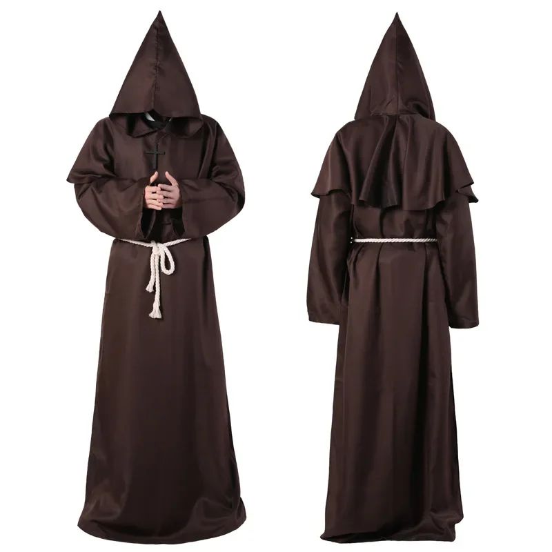 Retro Priest Robe Halloween Cosplay Costume Wizard Fancy Punk Cloak Mask Medieval Monk Robe Hooded Monk Cowl