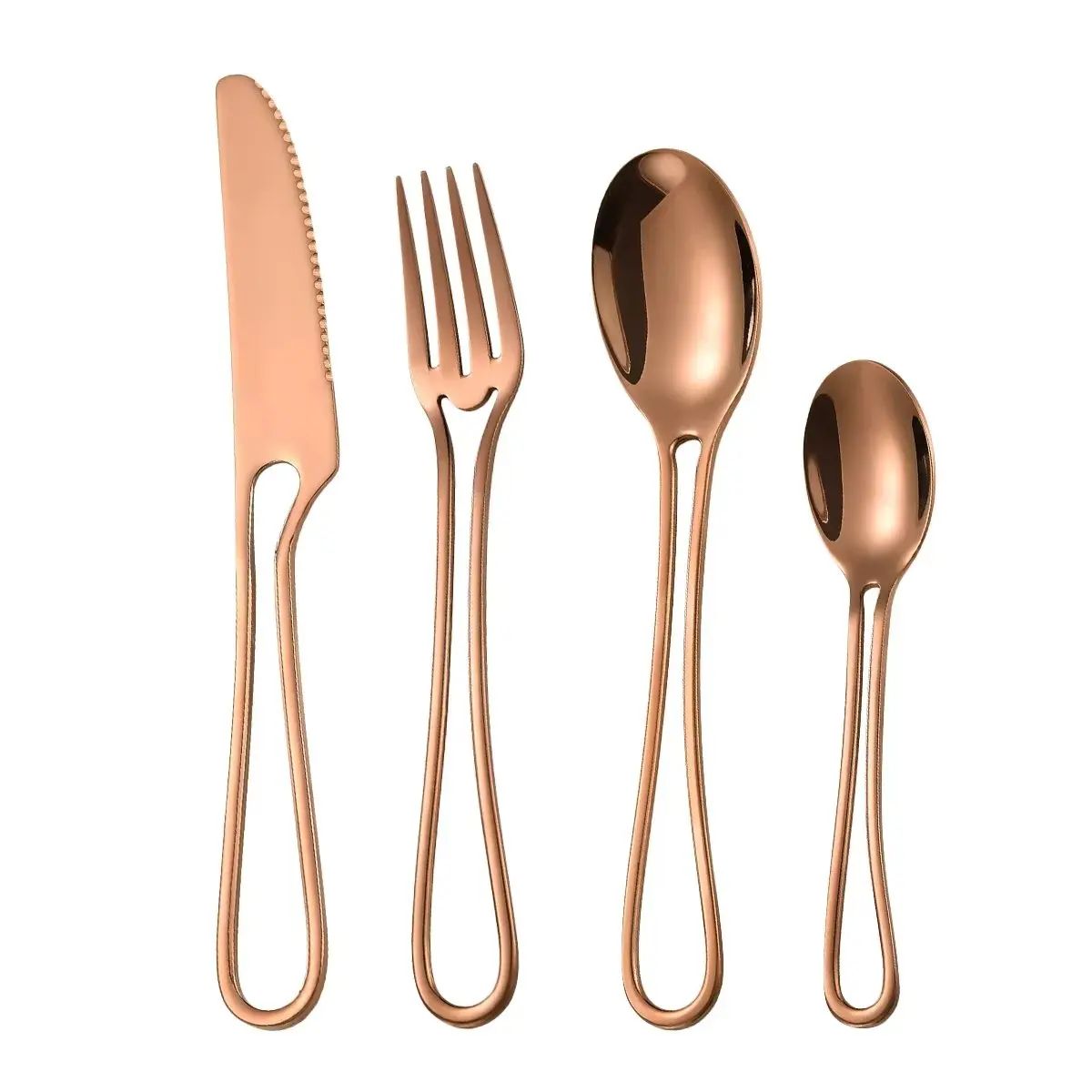 Conjunto de Talheres 4 Peças Aço Inoxidável Louça Cabo Vazado Faca Garfo Colher Jogo de Talheres Ocidentais Prata