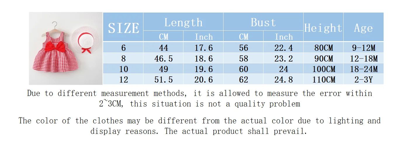 2Pcs/Set Baby Girl Plaid Sweet Bow Summer Birthday Party Dress Toddler Kids Outfits 0 To 3 Years Children Clothes Suit + Hat