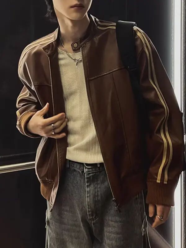 Loose Fit Men's Biker Leather Jacket Stripe Patchwork Stand Collar Casual Outerwear Façade Mixed Material Chinese Production