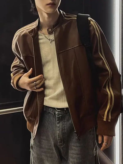 Loose Fit Men's Biker Leather Jacket Stripe Patchwork Stand Collar Casual Outerwear Façade Mixed Material Chinese Production