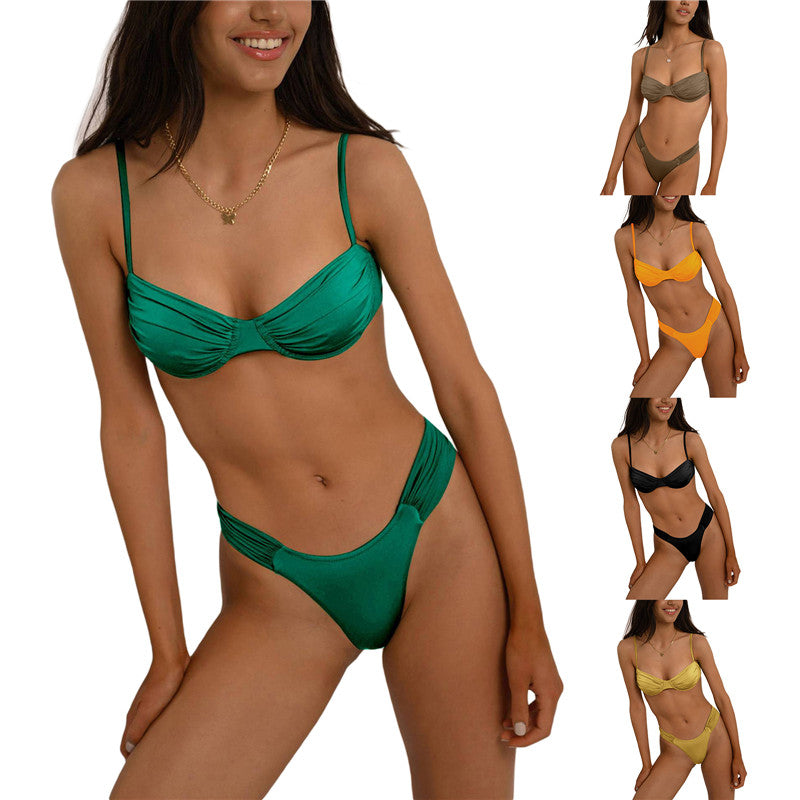 Women Padded Bikini Set Solid Color Pleated Sleeveless Bra+ Shorts Briefs Bikini For Women