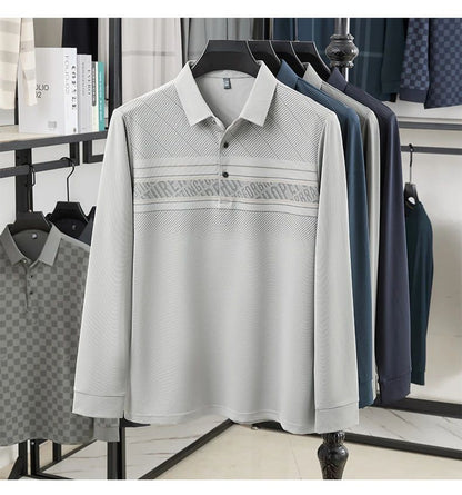 TFETTERS Elegant T Shirt for Man 2025 Spring Autumn Tops Long Sleeve Turn Down Collar Graphic Smart Casual T-shirt for Men