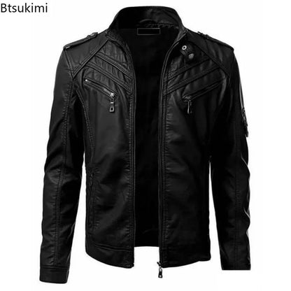 New 2025 Spring Autumn Men's Leather Jackets Fashion Patchwork Stand Collar PU Leather Coats Handsome Motorcycle Jackets for Men