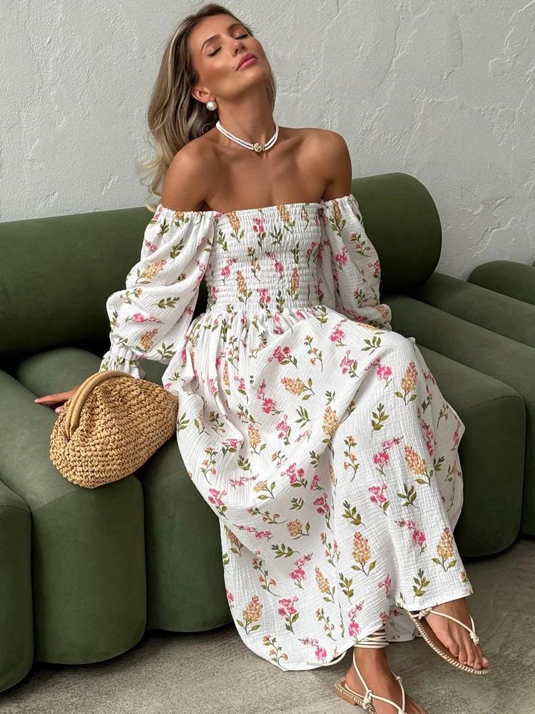 Women's Summer Cotton Dress 100% Elegant Ruffle Midi Floral Print Dress with Sid