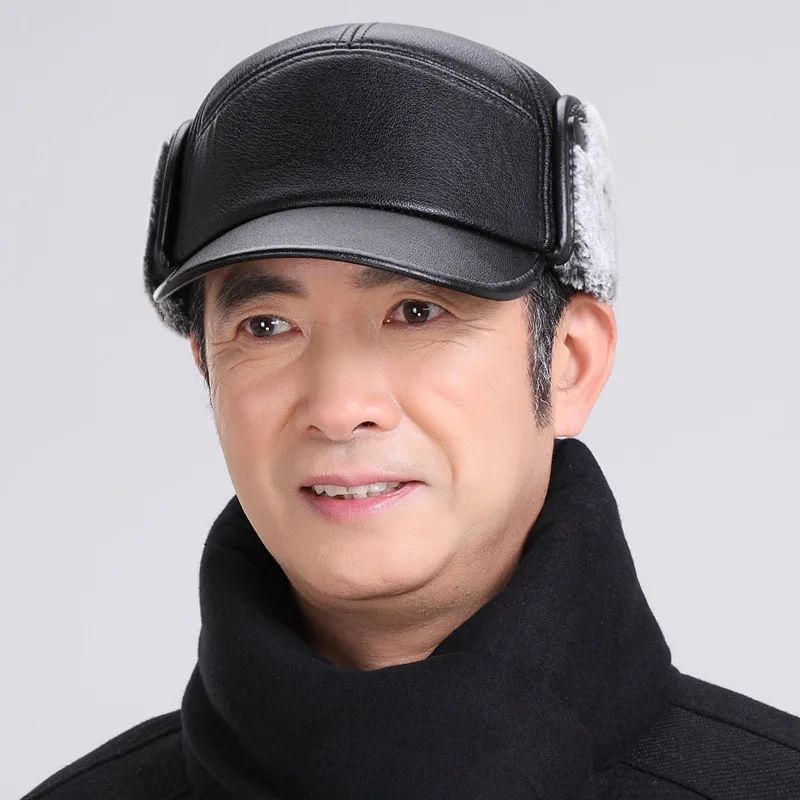 Winter Warm Baseball Cap for Men Black Leather Fur Hats for Men Snapback Women Casquette Bones Dad Caps Gorras Earflaps Thicken