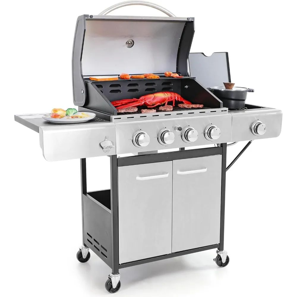 4-Burner Propane Gas BBQ Grill with Side Burner & Porcelain-Enameled Cast Iron Grates,Patio Backyard Barbecue