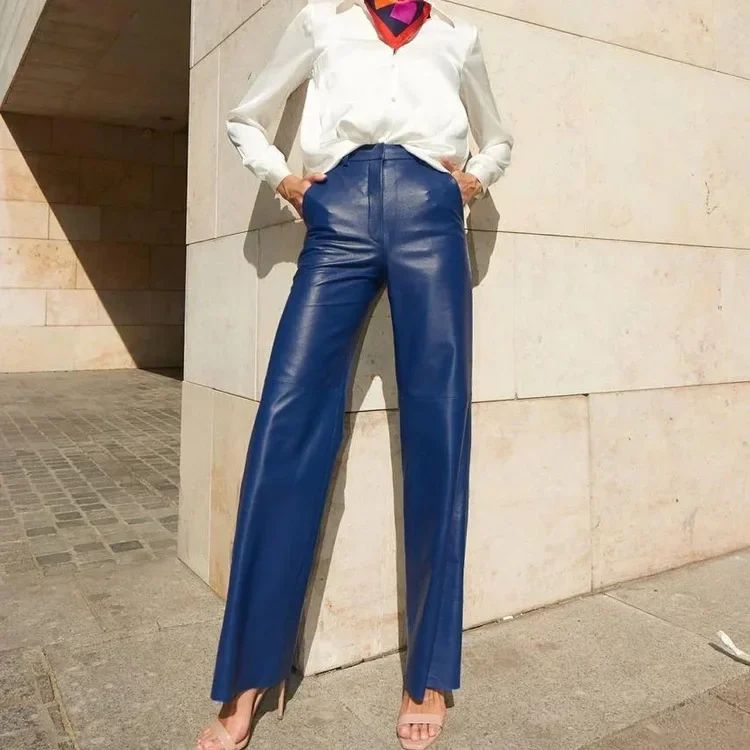 Women's Trousers Spring Fashion PU Leather Mid High Waist Lifting Hip Straight Leg Casual Women's Pants