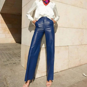 Women's Trousers Spring Fashion PU Leather Mid High Waist Lifting Hip Straight Leg Casual Women's Pants