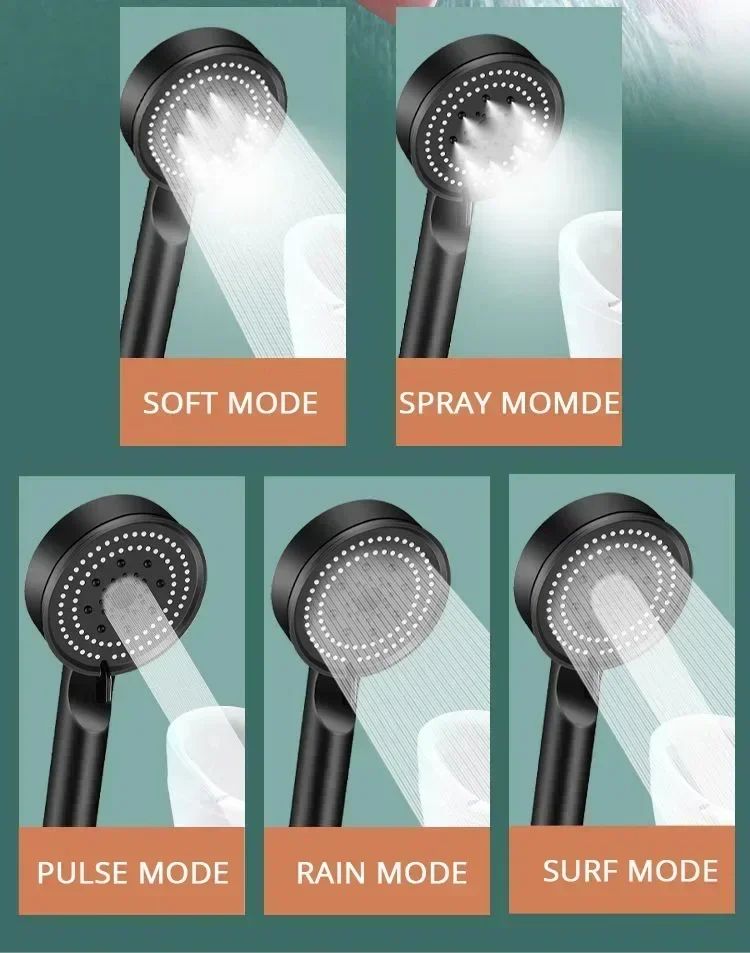 5 Mode Handheld Shower Head High Pressure Water Booster Massage Spray Jet with Anti Leak Proof Hose for Bathroom Household Bath