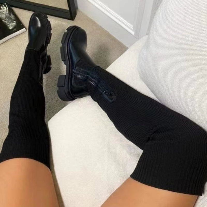 Autumn and Winter Fashion New Sexy Breathable Round Toe Solid Color Comfortable Square Heel Zipper Women's Boots