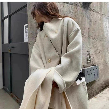 Light Grey Woolen Coat Women's Long Loose Korean Style Fashionable Autumn Winter New Arrival Polyester Fiber Full Sleeve
