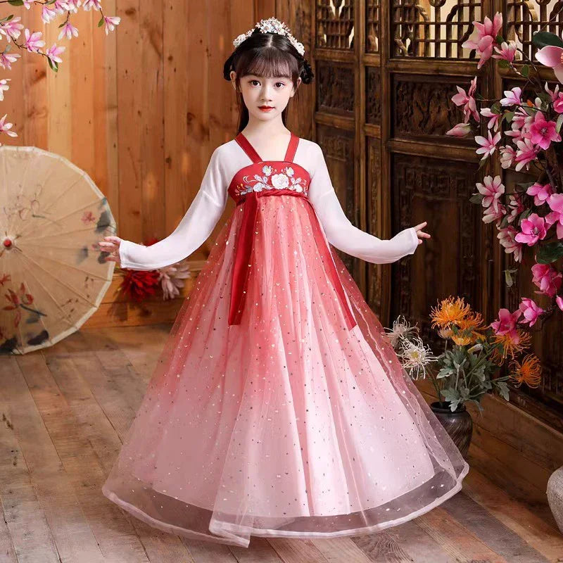 Fashion Girls Dresses Casual Outfit Long Sleeve Hanfu Girl Summer Children Clothes Princess Dress Baby Vestido Kids Tang Costume